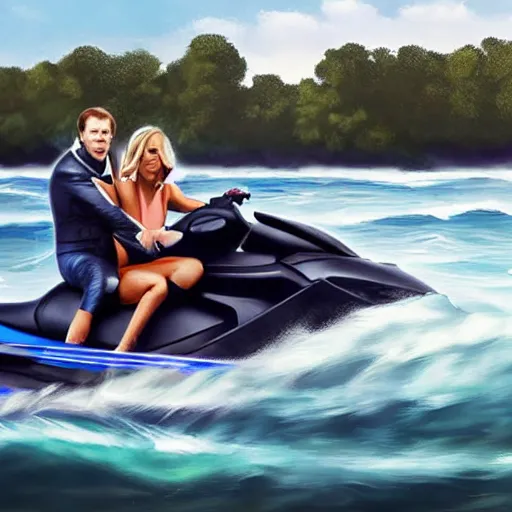 Prompt: photography, emmanuel macron driving a jetski, next to brigitte macron swimming, ultra realistic, concept art, intricate details, highly detailed, photorealistic