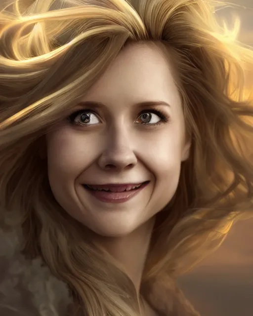 Image similar to happy smiling jenna fischer cleric, long blonde wind swept hair, ethereal, dreamy, backlit, highly detailed, stern expression, realistic lighting, sharp focus, windswept, rule of thirds, symmetrical facial features, by artgerm, wlop, rossdraws, frank frazetta, andrei riabovitchev, trending on artstation, hd, 4 k, fantasy