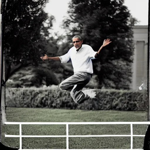 Image similar to barack obama jumping over fence. film strip. 9 frames.