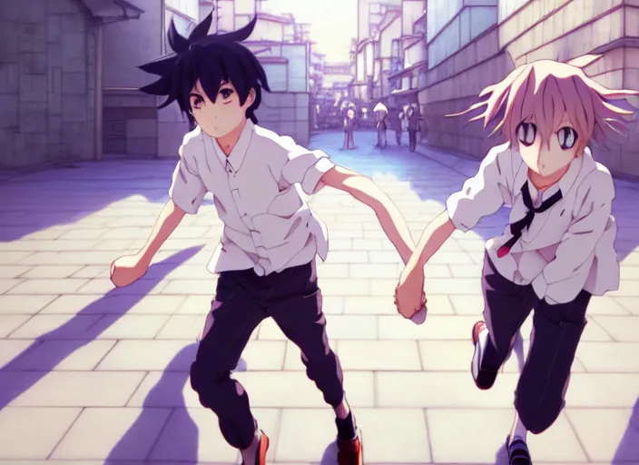 Image similar to a film still portrait of an anime boy and anime girl running towards each other, finely detailed features, closeup at the faces, perfect art, at a city street, gapmoe yandere grimdark, trending on pixiv fanbox, painted by greg rutkowski makoto shinkai takashi takeuchi studio ghibli, akihiko yoshida