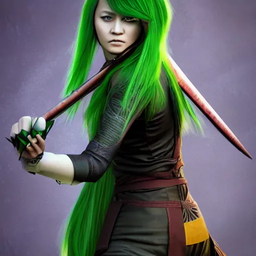 Prompt: a ninja with long green hair and two kunai's on her hand, realistic, 8 k, very detailed, cgi