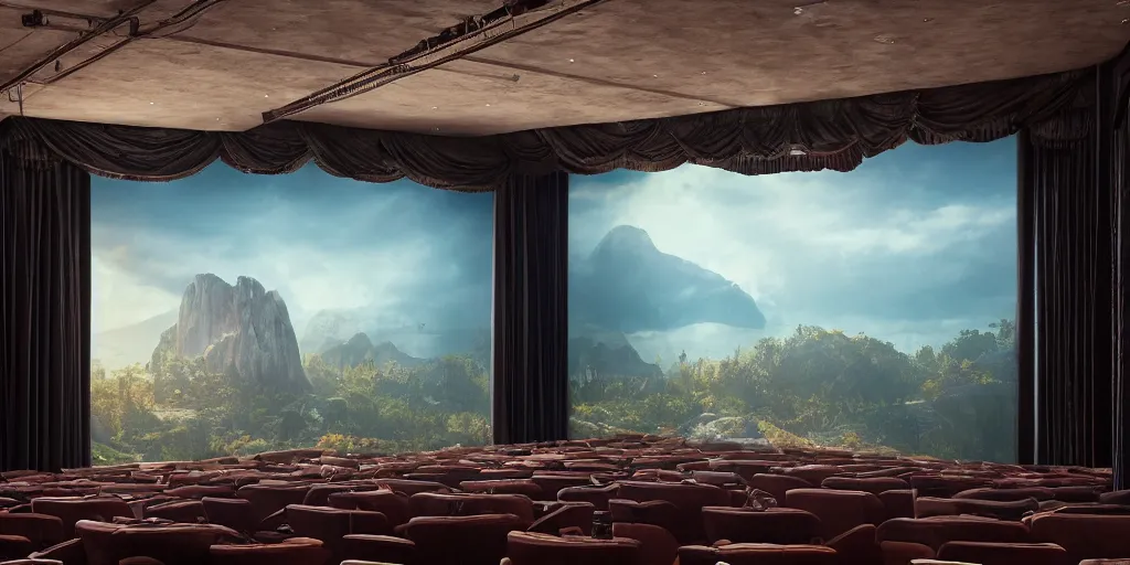 Prompt: view inside from a bioscope cinema hall, unreal 5, hyperrealistic, realistic, photorealistic, dynamic lighting, highly detailed, cinematic landscape, studio landscape, studio lighting