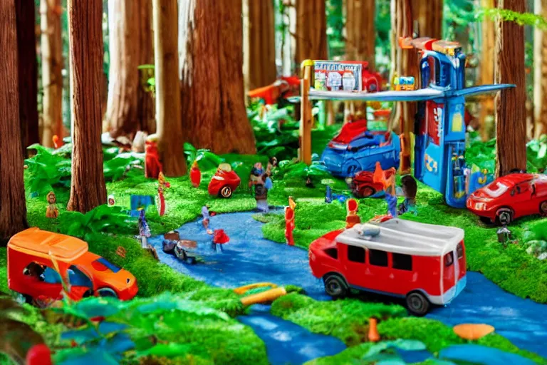 Image similar to fisher price redwood forest, california scene from tv show hyper detailed 5 5 mm 8 5 mm, toy photography, plastic coated