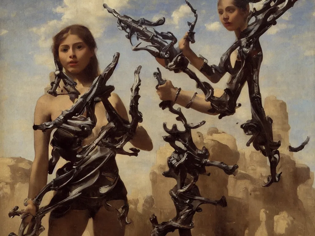 Image similar to photo realistic six armed goddess holding futuristic weapons in each hand, by camille corot, third - person, f / 2 2, kinemacolor, rim lights, insanely detailed and intricate, hypermaximalist, elegant, ornate, hyper realistic, super detailed