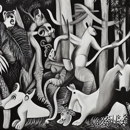 Image similar to black and white painting of the jungle with jungle animals, el guernica style,