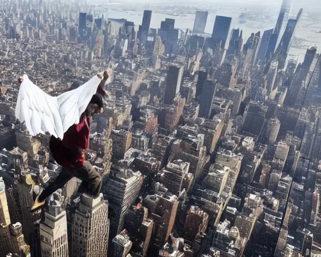 Prompt: a homeless man fly's in the sky like an angel over the city. realistic image. new york city candid photo. hyperrealistic terrorist attack.