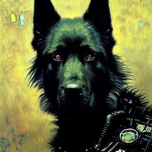 Image similar to a portrait of a black german shepard dogman canine neuromancer with human eyes furious angry holding computer console. shadowrun cyberpunk fantasy d & d highly detailed painting by gaston bussiere craig mullins jc leyendecker gustav klimt artgerm greg rutkowski