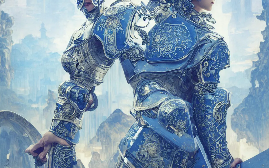 Image similar to knights of zodiac girl, chinese blue and white porcelain reflected armor, armor knight cinematic shot, in ruined agora of athens, ssci - fi and fantasy, intricate and very very beautiful and elegant, highly detailed, digital painting, artstation, concept art, smooth and sharp focus, illustration, art by tian zi and wlop and alphonse mucha