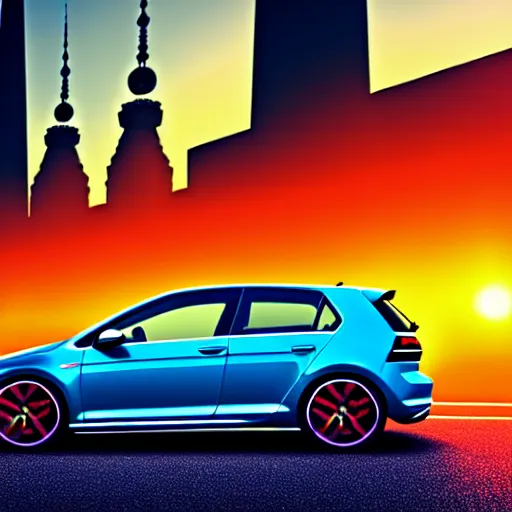 Prompt: a car parked VW Golf GTI at side of road, Berlin City, city sunset, cinematic color, photorealistic, highly detailed, bokeh