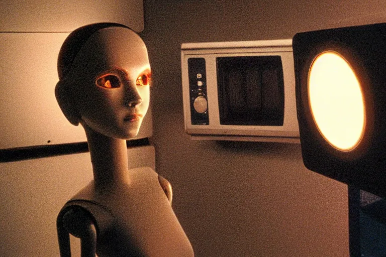 Prompt: humanoid robot sticking her head inside of a microwave, from 2001, bathed in the glow of a crt television, low-light photograph, in the style of jack bridgeland