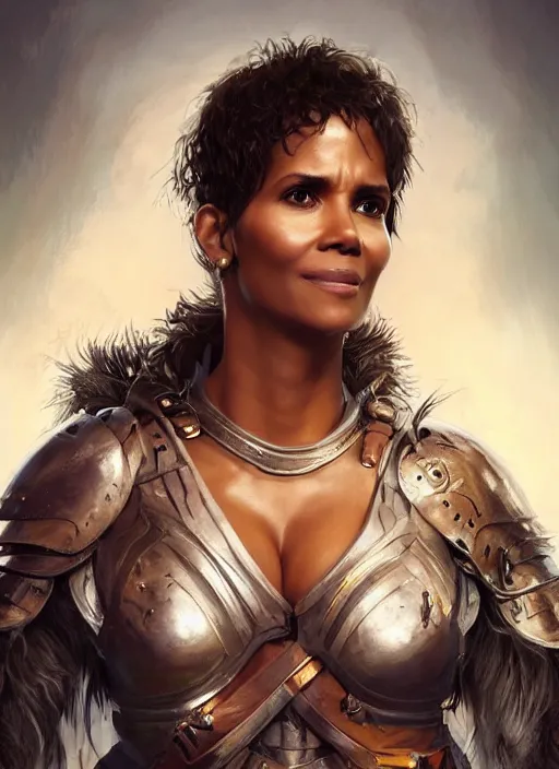 Image similar to portrait of halle berry as a legendary knight warrior, au naturel, hyper detailed, digital art, trending in artstation, cinematic lighting, studio quality, smooth render, unreal engine 5 rendered, octane rendered, art style by klimt and nixeu and ian sprigger and wlop and krenz cushart.