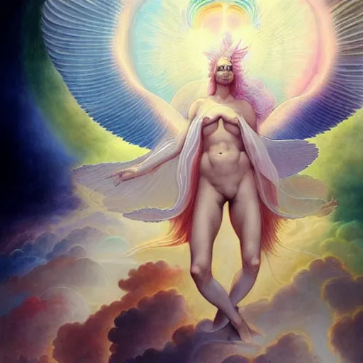 Prompt: psychedelic angelic celestial being artwork of peter mohrbacher, by henry fuseli, ayahuasca, energy body, sacred geometry, esoteric art, rainbow colors, divinity