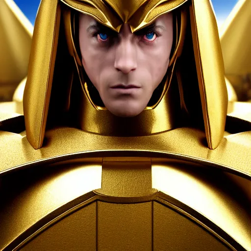 Prompt: a live action menacing, medium close - up, studio studio photographic portrait of the gold saint of geminis from saint seiya : knights of the zodiac, wearing gold armor, gemini gold cloth, in the background is the old temple of athena ( greece ), photoshopped, octane render, hyperrealistic, ultra detailed, symmetrical, 8 k, arnold render