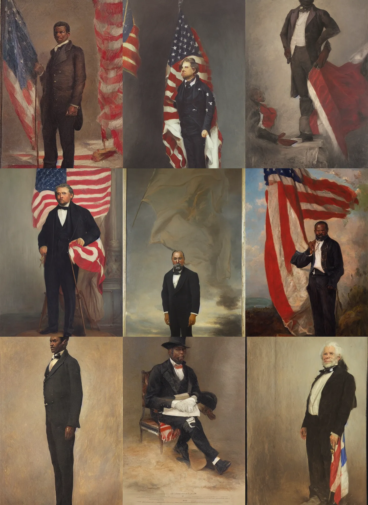 Prompt: portrait of the united states president, 1 8 6 7. a black man from louisiana. standing tall in front of the american flag. oil on canvas by william sidney mount, trending on artstation