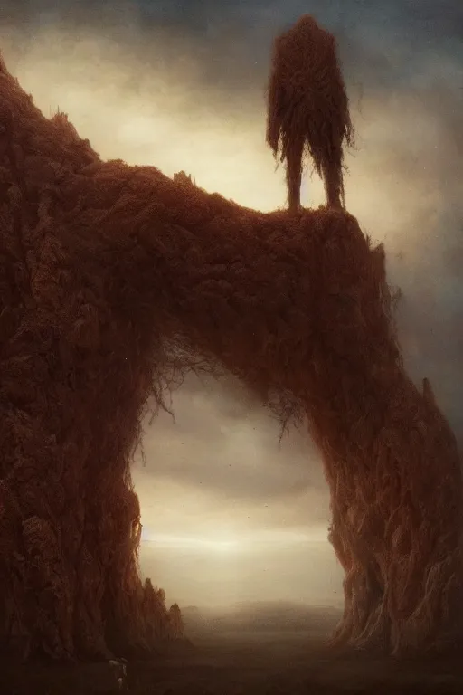 Prompt: a tall terrifying humanoid beast looming over a tiny human in a surreal landscape at dusk, dark fantasy, artstation, cinematic, epic lighting, agostino arrivabene