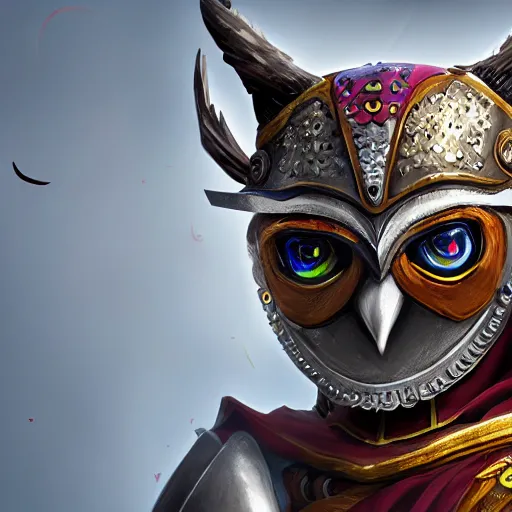 Image similar to a portrait of an owlknight, wearing a knight armor and a cape, fantasy artwork, cartoon style, colors, detailed, realistic lighting, octane render, 4 k,