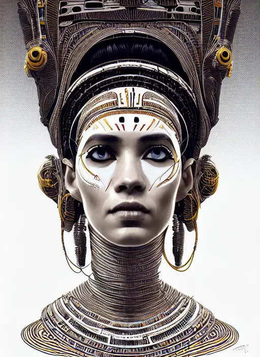 Prompt: highly detailed portrait of a robotoc cyborg long curly white hair egyptian tribal lady, stray wiring by atey ghailan, james gilleard, by joe fenton, by greg rutkowski, by greg tocchini, by kaethe butcher, 4 k resolution, gradient yellow, black and white color scheme!!! ( ( sandstorm robotic pyramid landscape background ) )