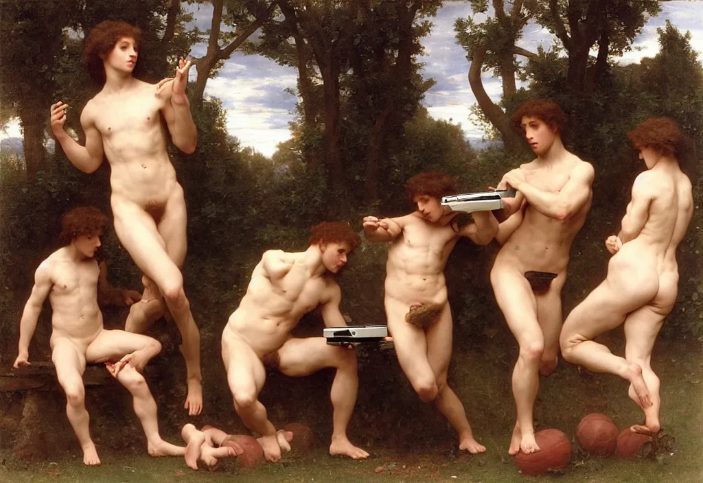 Image similar to pre-Raphaelite male muscular athletic gamers playing games on laptops by Bouguereau