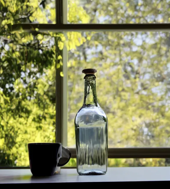 Prompt: a 4 k photorealistic photo of a bottle on a desk infront of a window. good reflections, sunny with sunbeams.