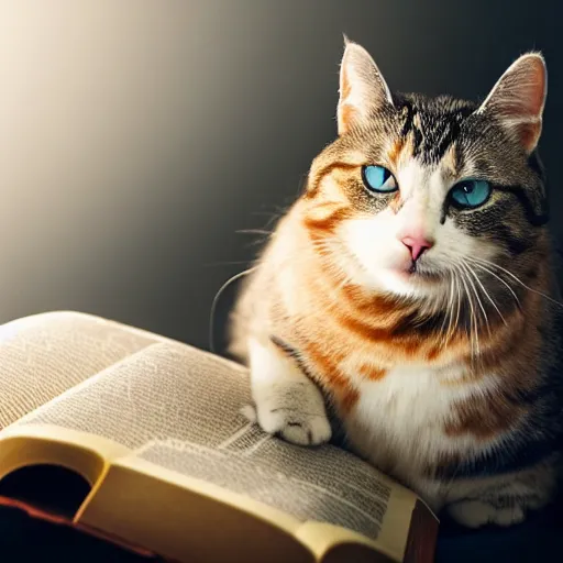 Prompt: adorable cat reading the bible, award winning dslr photography, studio lighting