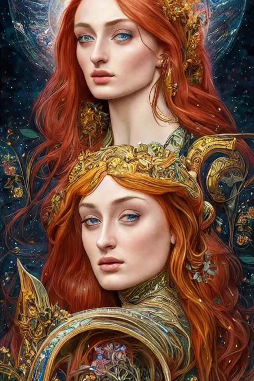 Prompt: Sophie Turner as a Goddess of the Universe, cute, fantasy, intricate, elegant, highly detailed, digital painting, 4k, HDR, concept art, smooth, sharp focus, illustration, art by artgerm and H R Giger and alphonse mucha