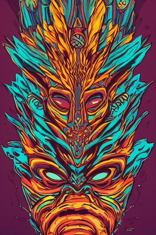 Image similar to totem animal mask tribal feather gemstone plant wood rock shaman vodoo video game vector illustration vivid multicolor borderlands comics by josan gonzales and dan mumford radiating a glowing aura