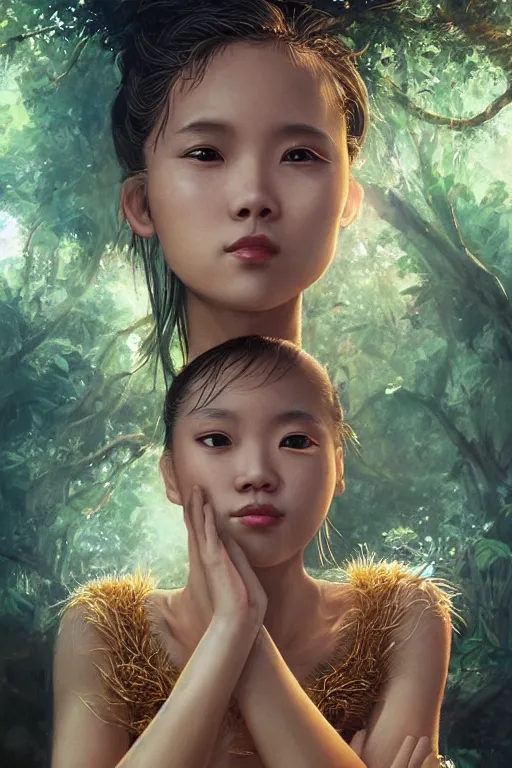 Image similar to stunningly beautiful, filipina prima ballerina in jungle, symmetrical face, golden hour, smooth, focus, highly detailed, hyper realistic, dramatic lighting, elegant, intricate, concept art, art by wlop, mars ravelo, greg rutowski, artstation