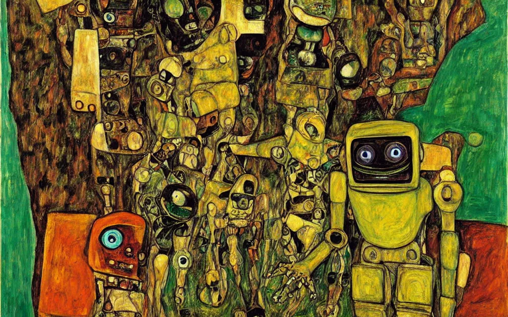 Prompt: a painting of pepe the frogs and robots by graham sutherland, egon schiele!, gustav klimt, expressionism