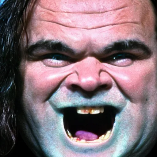 Image similar to film Footage from the Shining: Jack Black's face looking through a rough vertical hole in a white door after he used an ax to make the hole. He is grinning with his brows down in an evil expression, facing the camera but looking to the right.