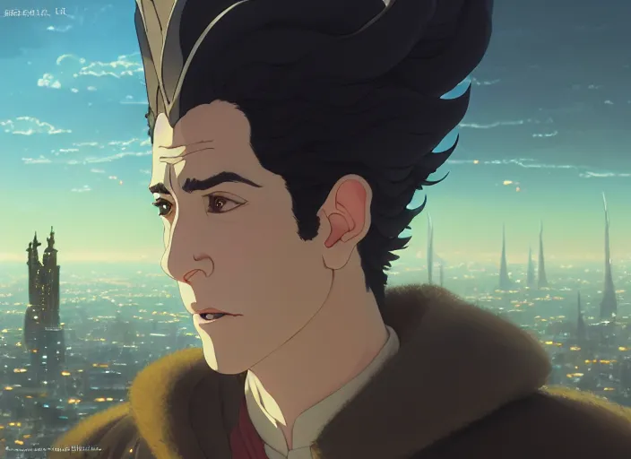 Image similar to a film still portrait of seinfeld elven king, finely detailed features, closeup of face, cinematic lighting, perfect art, night cyberpunk city, intricate, anime, gapmoe grimdark, artstation, trending on pixiv fanbox, painted by greg rutkowski makoto shinkai takashi takeuchi studio ghibli, akihiko yoshida, 4 k