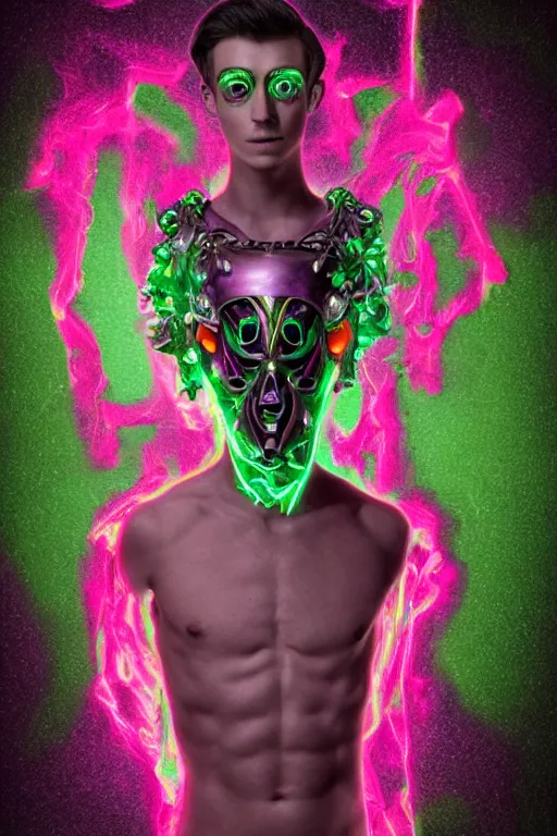 Prompt: full-body sculpture of a young handsome Spanish prince as a half cibernetic android with a glowing green diamong in his chest, pink laser beams coming out of his eyes, crown of giant jewels, flowing neon-colored silk, human skull mask, geometric shapes in a cyperbunk and baroque style. intricate artwork by caravaggio. Trending on artstation, octane render, cinematic lighting from the right, hyper realism, octane render, 8k, depth of field, 3D