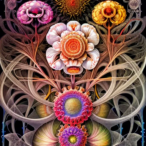 Image similar to an ultra hd detailed painting of many different types of flowers by Android Jones, Earnst Haeckel, James Jean. behance contest winner, generative art, Baroque, intricate patterns, fractalism, movie still, photorealistic