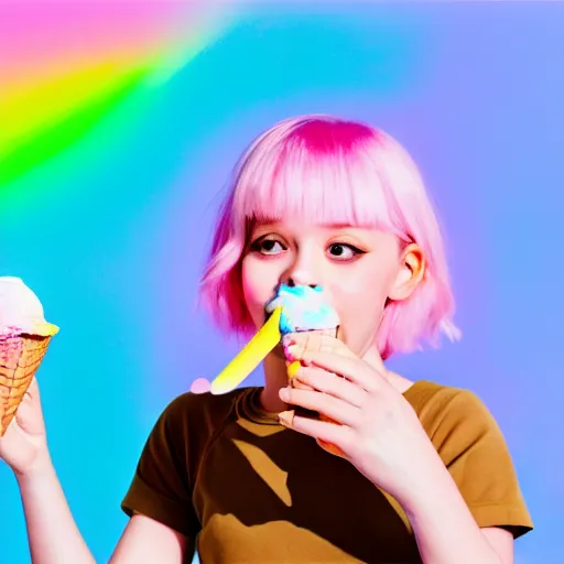 Image similar to an ultra high definition pastel coloured photograph of a real life unicorn eating and ice cream. refraction, volumetric lighting iridescence.