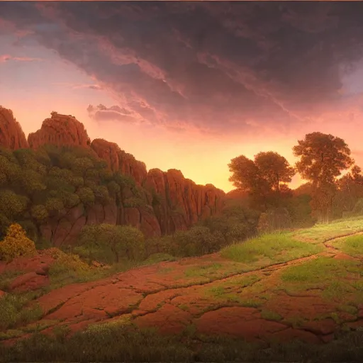 Image similar to a painting of a valley with black tree stumps and broken stone. scorched earth, sunset, a detailed matte painting by marc simonetti, deviantart, hudson river school, terragen, pink clouds, pastel sky, trending on artstation