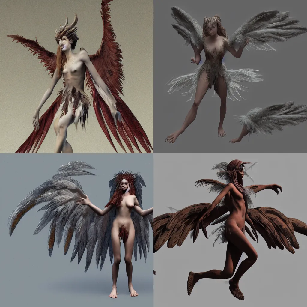 Prompt: concept art of a mythological harpy with wings instead of arms, unreal render, octane, 8k, highly detailed feathers, low saturation