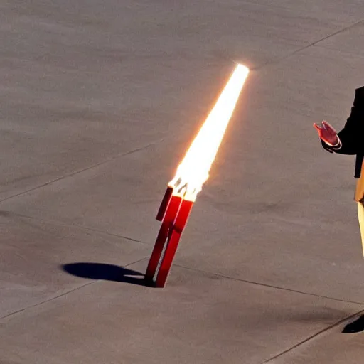 Image similar to a picture of elon musk launching like he's a rocket, full body, flames coming out of feet, dslr, launch test