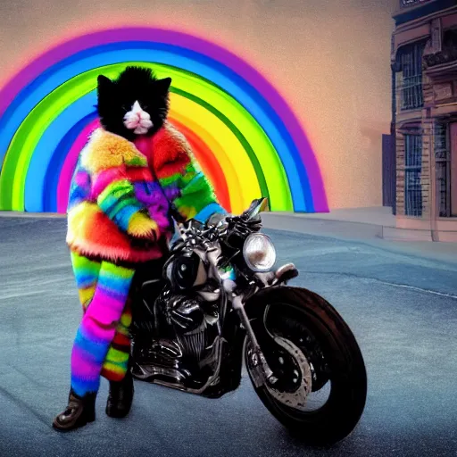 Image similar to wide angle full body, jacket wearing fluffy cute rainbow kitten wearing a black leather motorcycle jacket, cinematic concept art