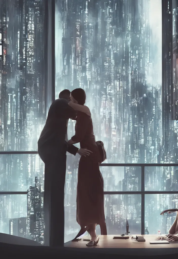 Image similar to she hug her husband that is sitting at his futuristic desk, lovely couple, blade runner style, hyper-realistic, octane render, realistic, real, sad, a couple consoling one another, strong woman, sad men, cinematic, 8k, very intricate, futuristic city behind the window, night