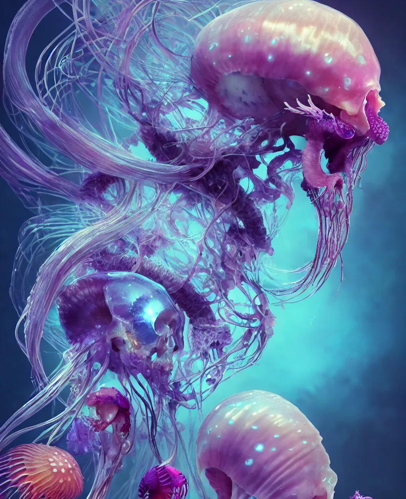 Image similar to goddess close-up portrait animal skull. jellyfish phoenix head, nautilus, orchid, skull, betta fish, bioluminiscent creatures, intricate artwork by Tooth Wu and wlop and beeple. octane render, trending on artstation, greg rutkowski very coherent symmetrical artwork. cinematic, hyper realism, high detail, octane render, 8k