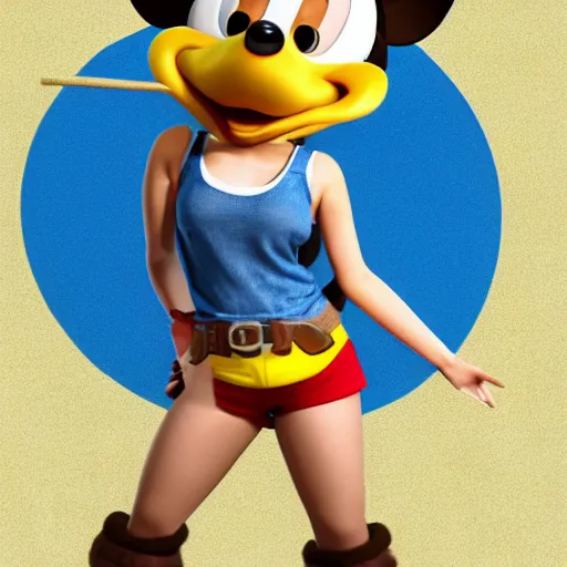 Image similar to 3 d render, portrait, upper body shot, mid shot, anthropomorphic mouse, female, wearing denim short shorts and a off yellow tank top shirt, in the style of disney's robin hood