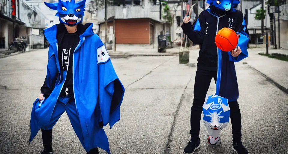 Image similar to Haikyuu Tendou Satori wearing mirrors-edge style clothes and a blue kitsune mask. DSLR Camera with a large sensor. Soft lighting and shadows. F/2.8 or f/4. ISO 1600. Shutter speed 1/60 sec. Lightroom.