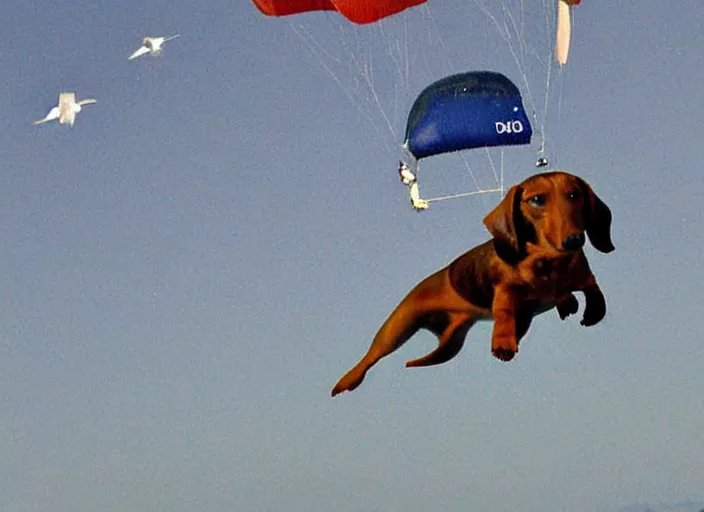 Prompt: Dauchshund skydiving