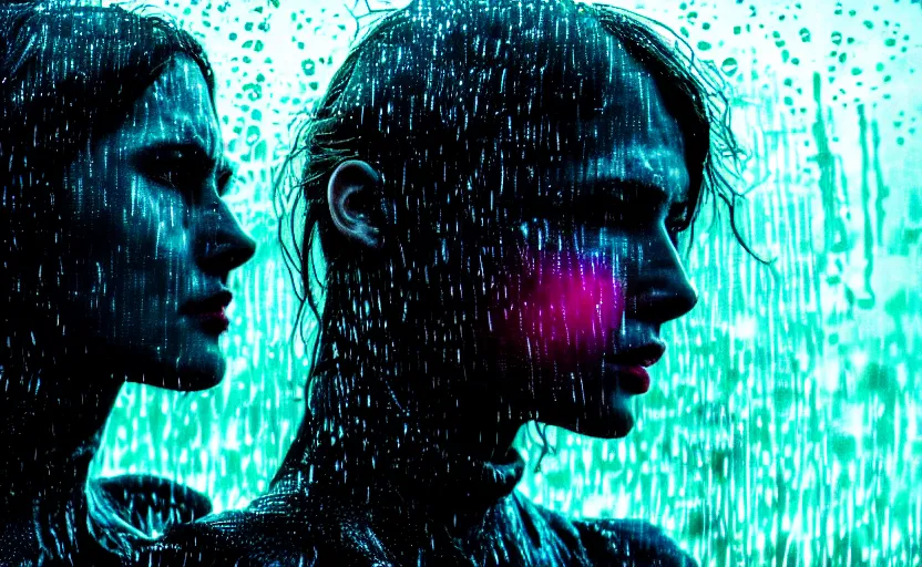 Image similar to cinestill 5 0 d candid photographic portrait by christopher nolan of two loving female androids sobbing wearing rugged black mesh techwear in treacherous waters, extreme closeup, modern cyberpunk moody emotional cinematic, pouring iridescent rain bright spotlight, 8 k, hd, high resolution, 3 5 mm, f / 3 2, ultra realistic faces, ex machina