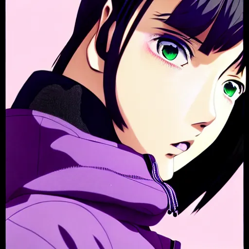 Image similar to anime poster film still portrait, young woman, black black black woman, purple colored eyes, purple colored eyes, white french bob, green colored bomber jacket, detailed facial features, dynamic pose, cute face by ilya kuvshinov, yoh yoshinari, makoto shinkai, rimlight, cel shaded, 4 k