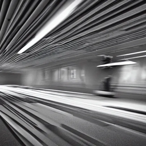 Image similar to noisy photograph of a retrofuturist underground liminal space, minimalist, motion blur