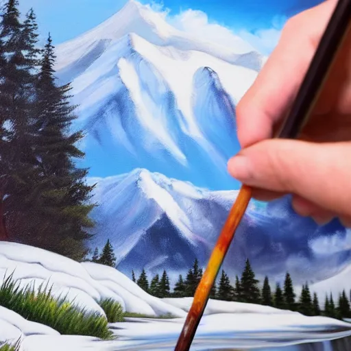 Image similar to a closeup photorealistic photograph of bob ross putting the finishing touches on a canvas painting of kenny powers. mountains and trees. film still. brightly lit scene. this 4 k hd image is trending on artstation, featured on behance, well - rendered, extra crisp, features intricate detail, epic composition and the style of unreal engine.