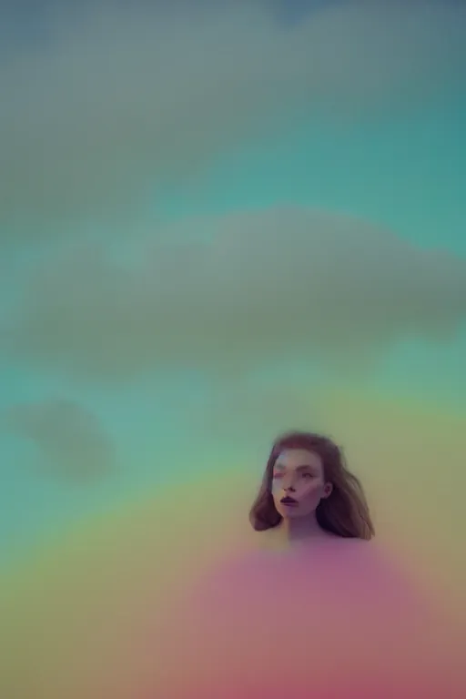 Image similar to high quality pastel coloured film close up wide angle photograph of a model wearing clothing swimming on cloud furniture in a icelandic black rock!! environment in a partially haze filled dreamstate world. three point light, rainbow. photographic production. art directed. pastel colours. volumetric clouds. pastel gradient overlay. waves glitch artefacts. extreme facial clarity. 8 k. filmic.