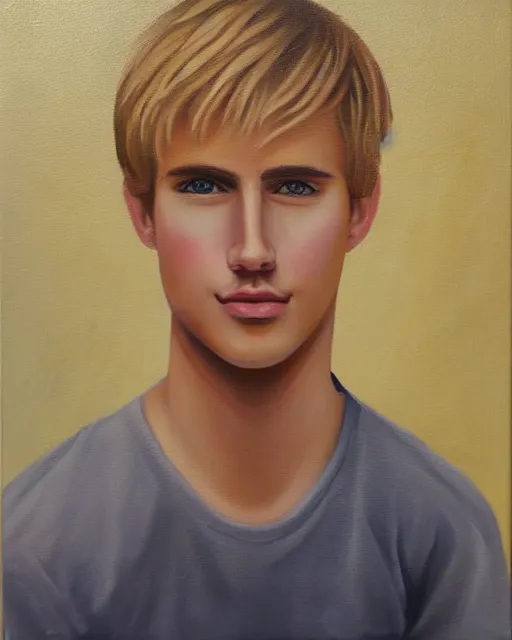 Image similar to awkward cute blond man who is awkward and is also awkward, feminine man, handsome and attractive, cute face, thin, short, very detailed oil painting, oil on canvas