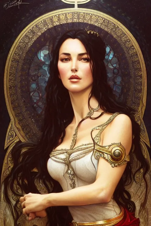 Image similar to Monica Bellucci as a princess, fantasy, intricate, elegant, highly detailed, digital painting, artstation, concept art, matte, sharp focus, illustration, art by Artgerm and Greg Rutkowski and Alphonse Mucha