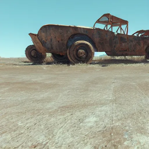 Prompt: A desolate wasteland, where the only signs of life are the occasional rusting hulk of a machine, or the skeleton of a long-dead creature, rendered in unreal engine.